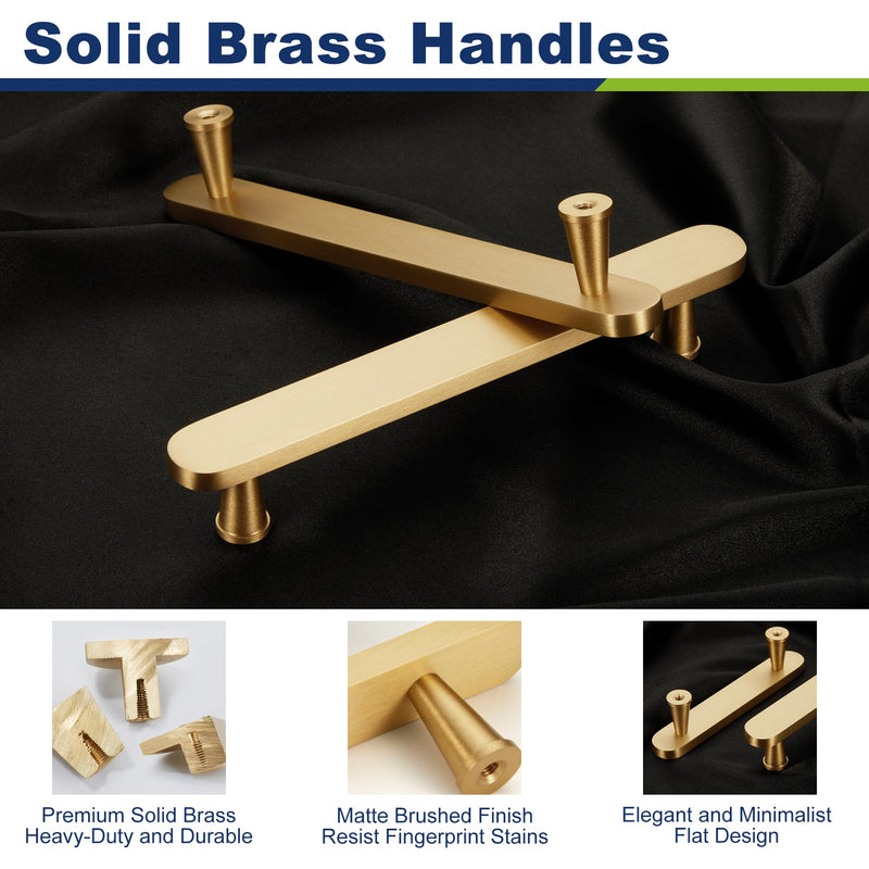 2-Pack Solid Brass Cabinet Pulls, Gold Handles for Cabinets, Gold Dresser Drawer Pulls, Modern Kitchen Hardware, 5 Inch Hole Center, Brushed Finish 2 5 Inch(128mm) Hole Centers