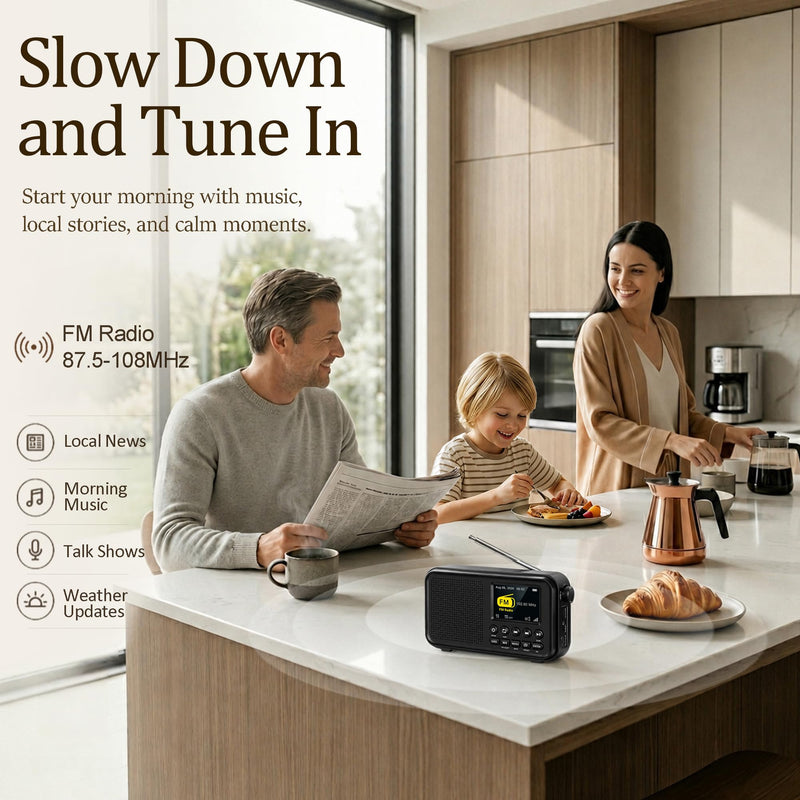 FM Radio with Bluetooth, NOAA Weather Band, 2.4" Color Screen, Rechargeable Portable Radio, Dual Alarms, microSD Playback, USB-C Charging, Headphone Jack for Home, Bedroom, Office & Travel Black