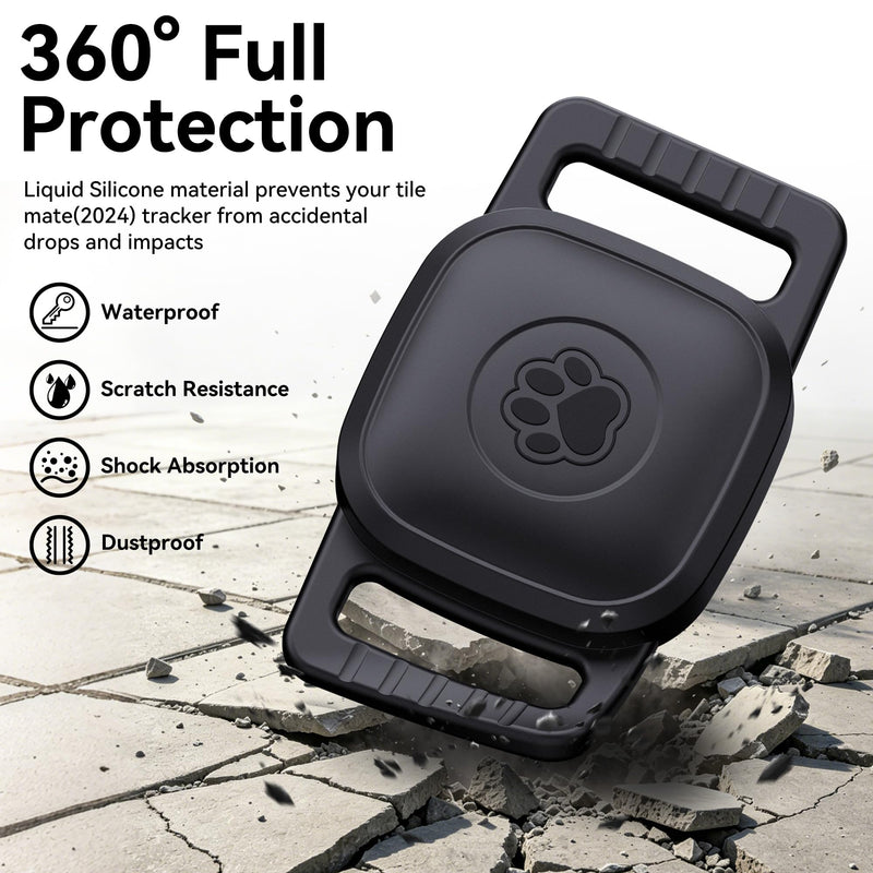 DDJ 2-Pack Waterproof Dog Collar Holder for Tile Mate Tracker, Durable Silicone Life360 Tile Case for Cat &Pet Collars Without Shaking, Anti-Lost Full Body for Tile Cover, Easy to Install, Black