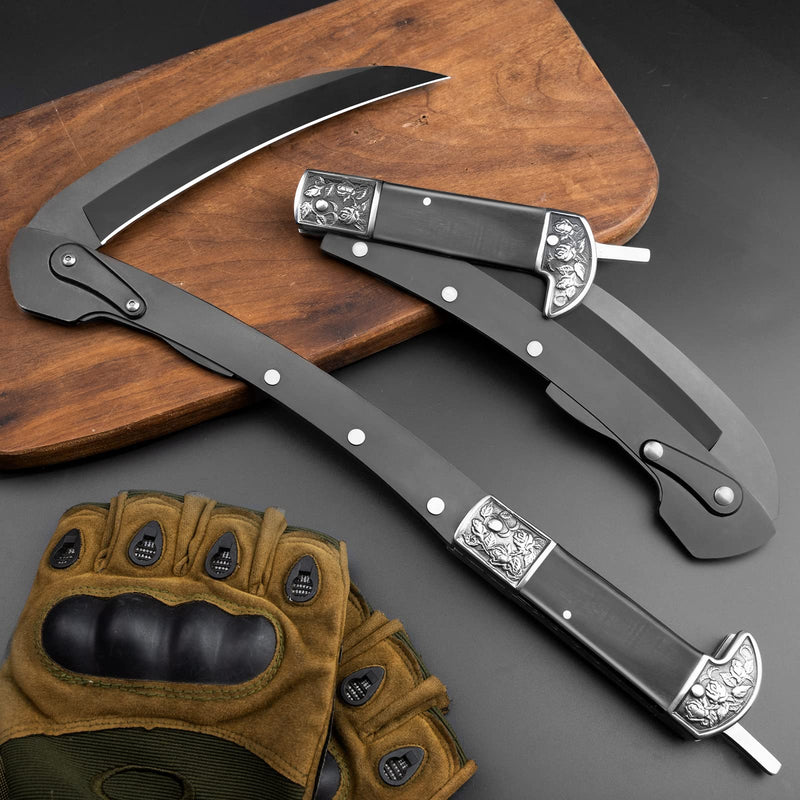 VALHALLA Folding Sickle, Black Sharp Folding Scythe with 2 Sections, Hand Sickle Knife Wooden Handle, Portable Safety Sickle Knife with Sheath