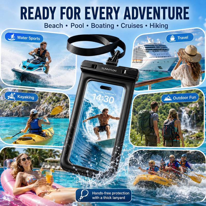 3D TPU Waterproof Phone Pouch, IPX8 Underwater Phone Case 100FT, Touch Screen Cell Phone Dry Bag with Lanyard, 7 Inch Fits iPhone 17-14 Pro Max, Samsung Galaxy S26/S25/S24 Ultra (Blue+Black) Blue+Black