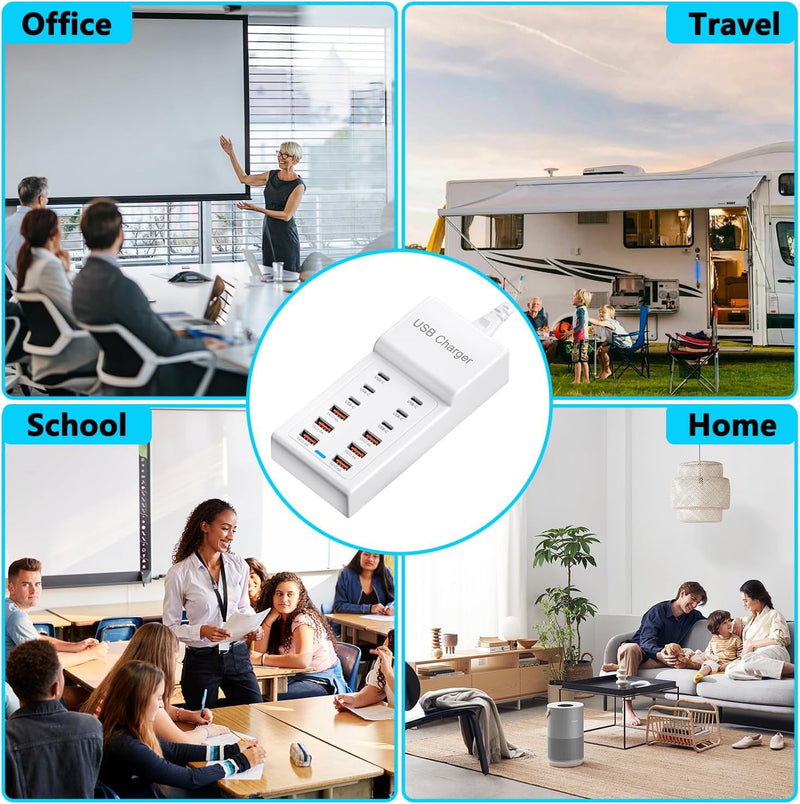 Multi USB C Charger, USB Charging Block Station, 50W 12 Port Multiple USB C Power Strip USB Hub Compatible with iPhone 17 Pro Max/16/15/14/13/12/11, iPad, Tablets, Samsung Galaxy S25/S24, Pixel