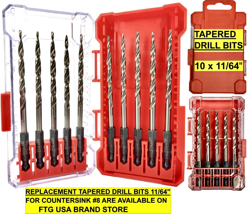 FTG USA 6 Pc #8 (11/64") Countersink Drill Bit Set with Tapered Drill Bits | Includes 6 counter sink drill bit for wood, all same size. Each countersink comes with depth stop and hex key in storage case Same Sort 6 Pc