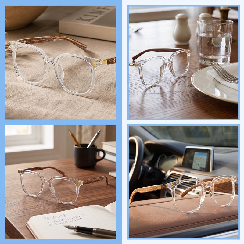 Fit Nearsighted Glasses Blue Light Blocking Eyeglasses Men Women Not Reading Glasses Transparent Frame & Wood-grain Color Temple -1.5 x