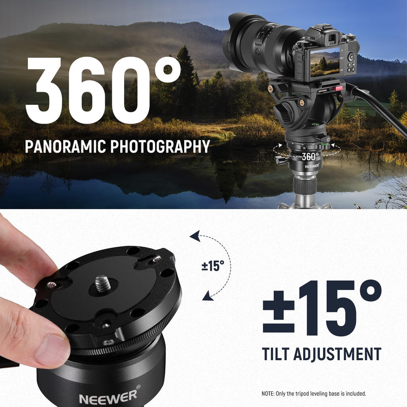 NEEWER Tripod Leveling Base (⌀60mm) Camera Leveler, Aluminum Adjusting Tripod Head Plate with -15°/+15° Tilt, Bubble Level, 1/4" 3/8" Screw Compatible with Canon Nikon Sony DSLR & Camcorder, GM15