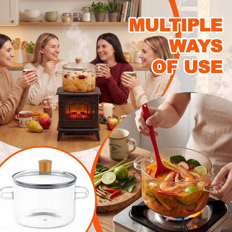 Jingmore Glass Simmer Pot 1.6L/54 oz for Stove with Lid and Strainer, Heat-Resistant Borosilicate Glass Pot for Cooking Soup, Pasta, Food Milk, Tea, Potpourri, Ideal for Stovetop Use (Clear) Ribbed