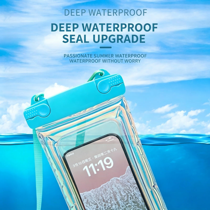 Air Float Waterproof Phone Case, Rainbow Holographic Laser TPU Touch Responsive Phone Pouch for Pool Beach Snorkeling Cruise (Black) Black