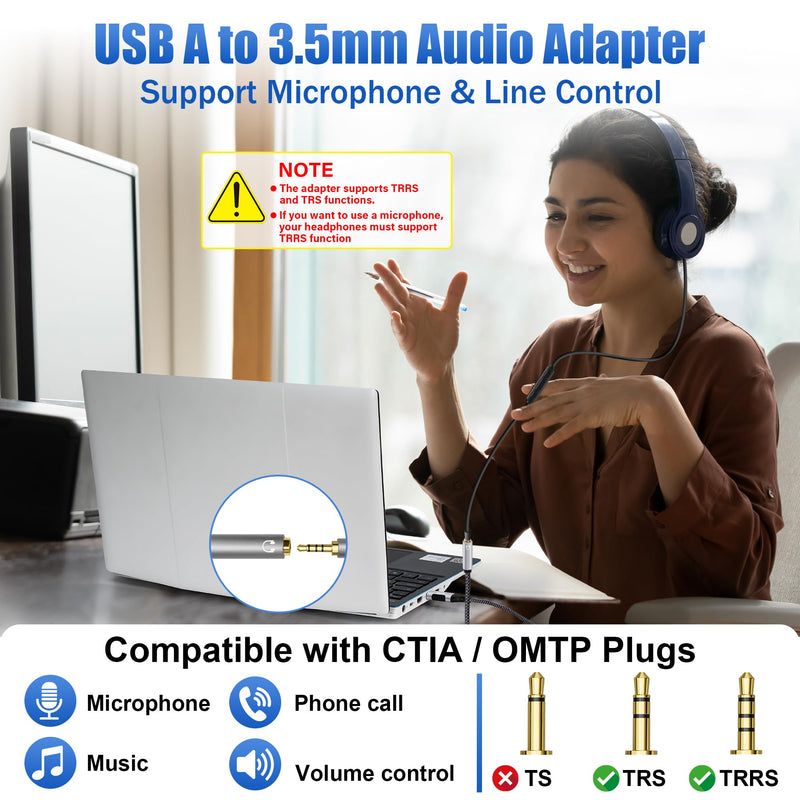 USB 3.0 Male to 3.5mm TRRS 4-Pole Female Headphone Jack Adapter, USB-A to Aux Audio Dongle Cable Cord, External Sound Card Converter for Headset, Mac, PC, Laptop, Mac, Desktops, Linux, PS4-0.6 Feet 1 Pack USB A Male to 3.5mm Female