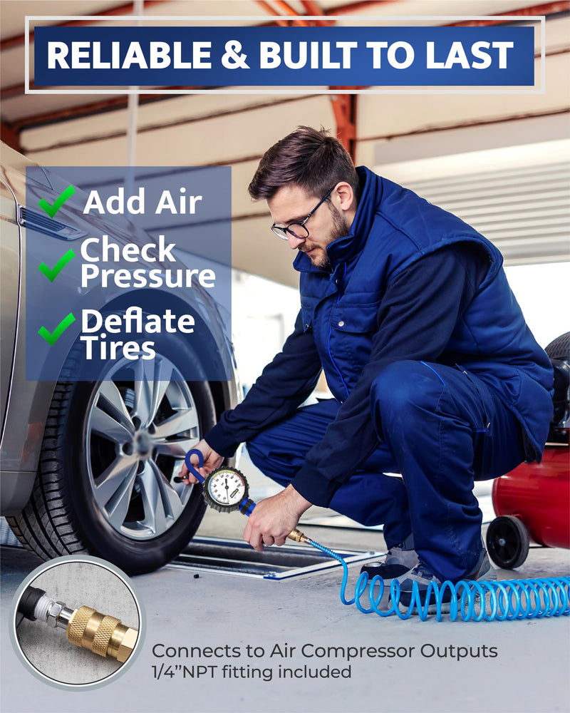 Tire Inflator with Pressure Gauge and Longer Hose - Most Accurate, Heavy Duty Air Chuck with Gauge for Air Compressor Tire Inflator Attachment - 100PSI 100 psi White Dial
