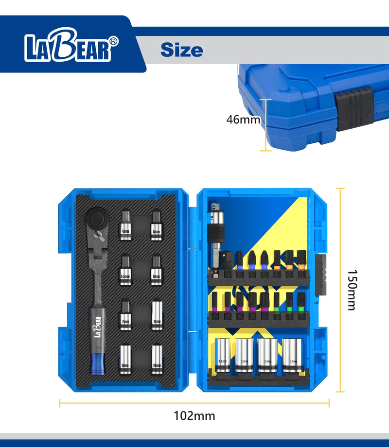 LaBear 29-Piece 1/4" Ratchet & 1/4'' Dr. Socket Set / 2-in-1 Bit & Socket Holder 1/4-inch S2 Impact Bits, Socket Adapter for home electronics, vehicles