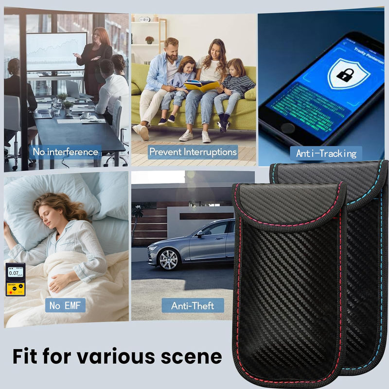 Faraday Bags for Phones and Car Key, Carbon Fiber Surface Signal Blocking Pouch, Go Dark Bags for Cell Phones, Car Key/WiFi/RFID/GPS Signal Blocker with Red Blue Stiching Red and Blue