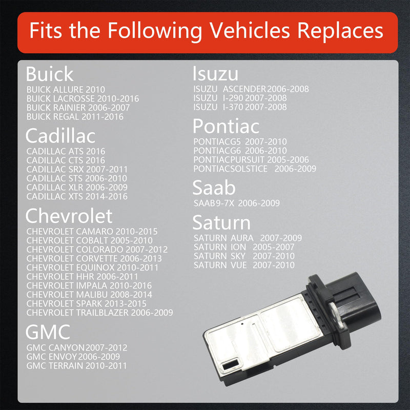 Maf Mass air Flow Sensor Meter Compatible with Buick Lacrosse Rainier Regal; Cadillac SRX STS; Chevy Colorado Impala Malibu; GMC Hummer Hyundai Isuzu More Replace OE 15865791 AF10142