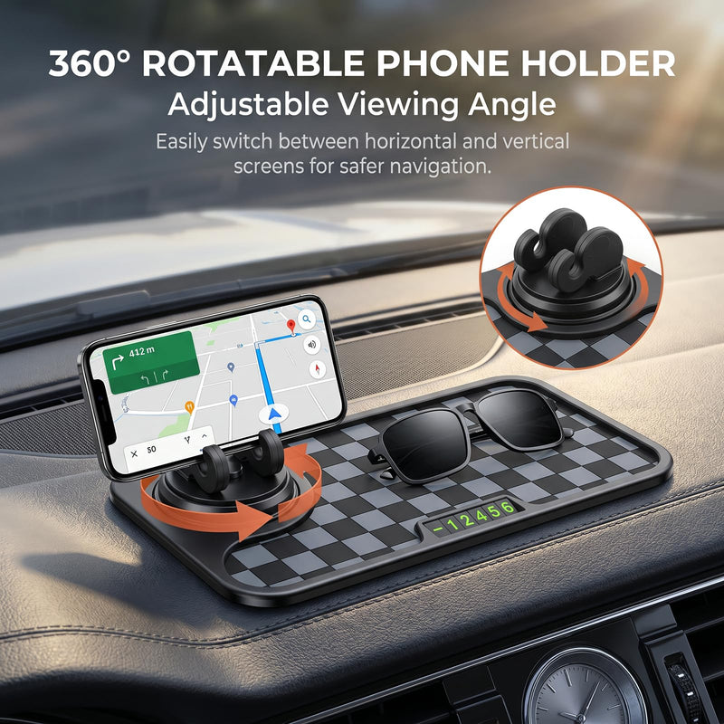Car Dashboard Mat, Silicone Anti-slip Checkered Pad with 360-degree Rotating Phone Mount, Heat-resistant Waterproof Organizer Pad, Universal Interior Accessories for Most Cars (Black) 1 PC Black