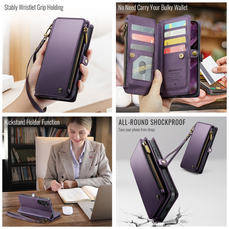 Defencase for Samsung Galaxy A57 5G Wallet Case with Card Holder, Purple | RFID Blocking, Zipper Pocket, Durable PU Leather, Wrist Strap, Fashion Snap Flip Phone Cases Cover with Stand for Women Men