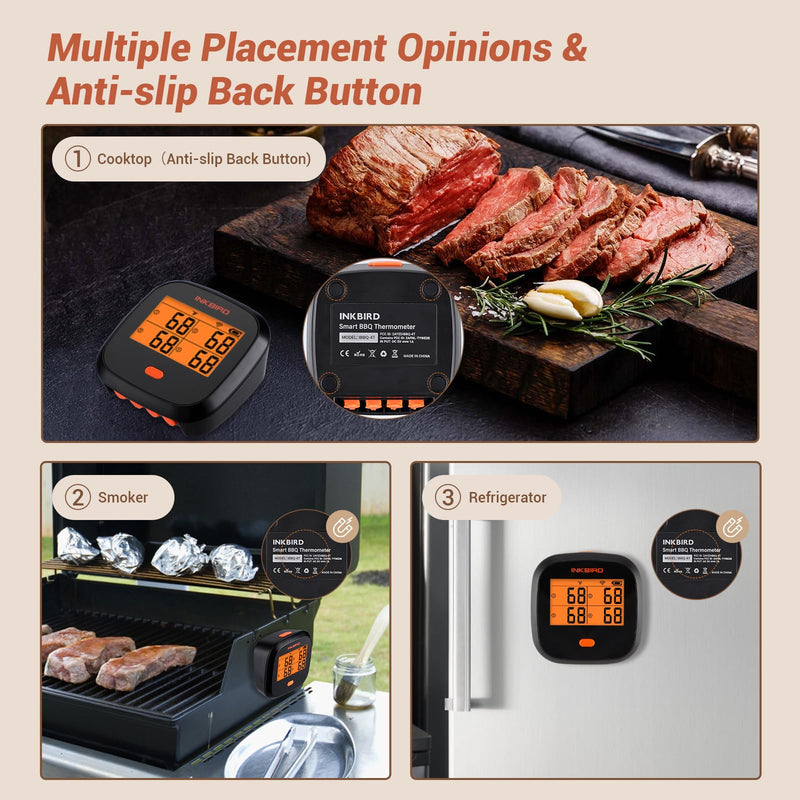 INKBIRD WiFi Meat Thermometer IBBQ-4T, Wireless WiFi BBQ Thermometer for Smoker, Oven | APP Calibration Temp Graph | Mobile Notification Timer Alarm | Rechargeable Digital Grill Thermometer, 4 Probes