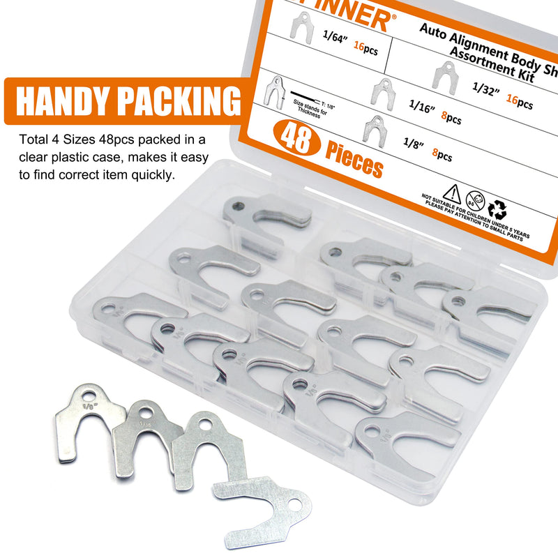 ISPINNER 48pcs Auto Alignment Body Shim Assortment Kit, 1/64" 1/32" 1/16" 1/8" Universal Shims for Adjusting Body Parts or Camber Alignment