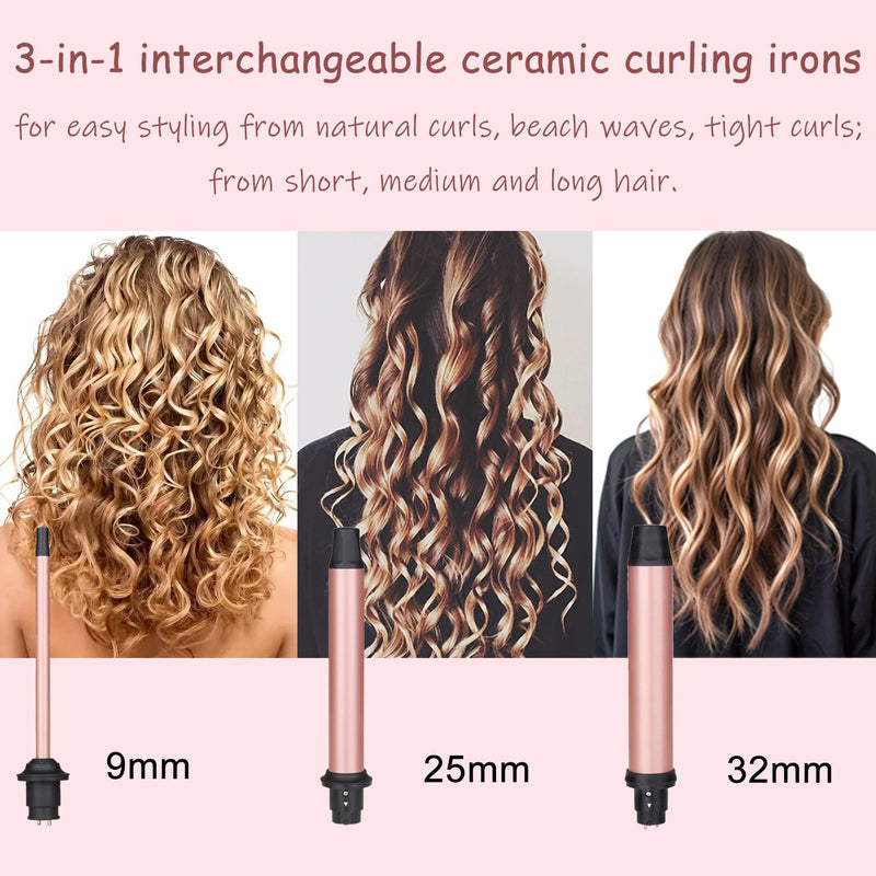  [AUSTRALIA] - UNOBEY 3 in 1 Curling Iron Wand Set with 3 Interchangeable Ceramic Barrel | Curling Wand (9-25-32mm), Instant Heat Up, Hair Curler Tools for Long & Short Hair, Include Glove, Dual Voltage
