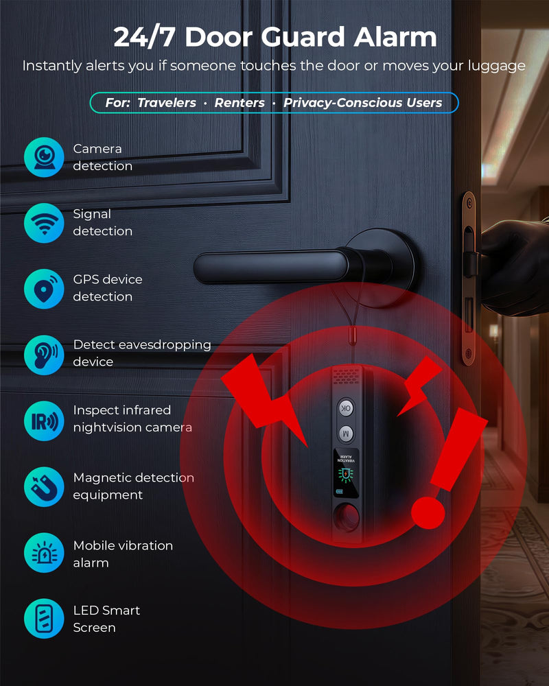 Hidden Camera Detectors, Anti-Spy Camera Finder with LED Screen Rechargeable GPS Tracker&Bug Detector, Anti-Theft Alarm, 7 Modes Portable Privacy Protection for Airbnb, Hotel, Car, Office Small