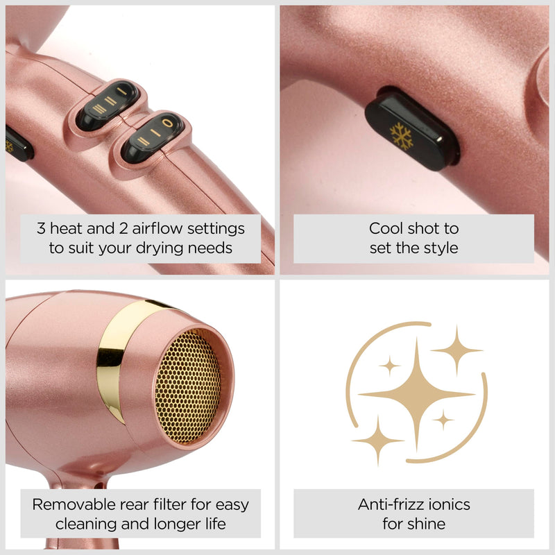 BaByliss Rose Gold Hair Dryer - 2100W Professional Ionic Blow Dryer, Lightweight Travel Hairdryer, Fast Drying Ceramic Hair Dryer, 3 Heat & 2 Speed Settings, Rose Gold, 5336U