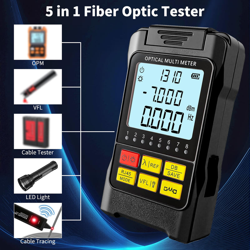 Portable 5-in-1 Fiber Optic Cable Tester with Optical Power Meter, Cable Finder,Visual Fault Locator & RJ45 Network Cable Test, SC/FC/ST Universal Interface with LC Adapter Black