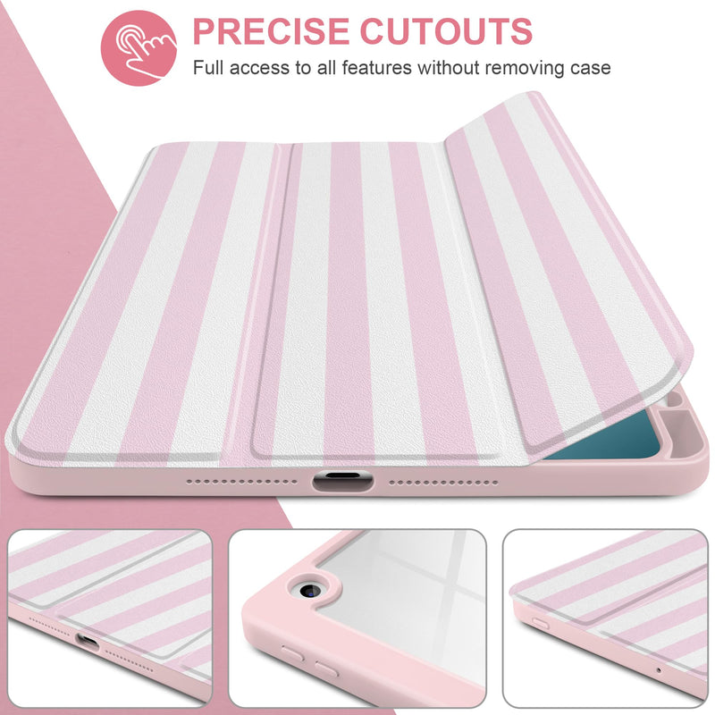 Case for iPad 9th / 8th / 7th Generation 10.2 inch, Pink Stripe | Cute Preppy Coastal Design Aesthetic Pink White Striped Trifold Cover with Soft TPU Bumper, Clear Back, Auto Sleep/Wake Pink white stripes