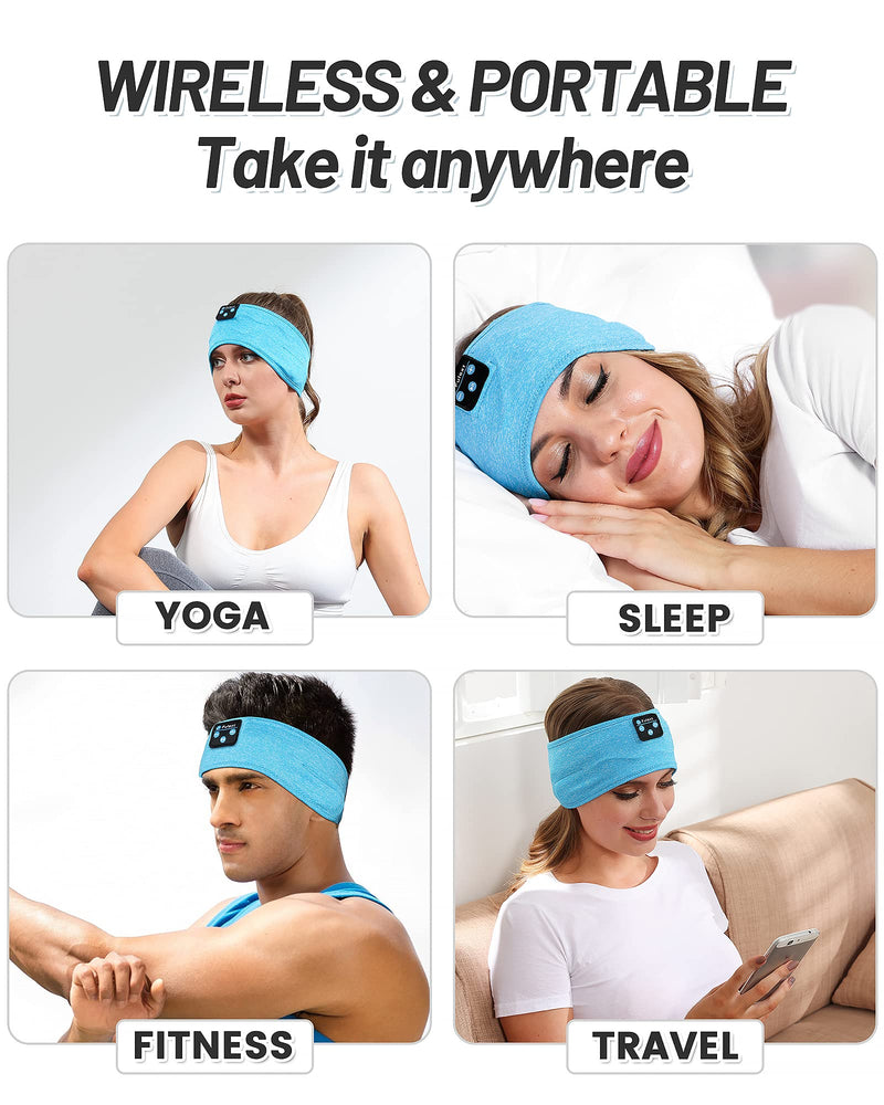 Sleep Headphones Bluetooth Headband, Perytong Upgrage Soft Sleeping Wireless Music Sport Headbands, Long Time Play Sleeping Headsets with Built in Speakers Lightblue White