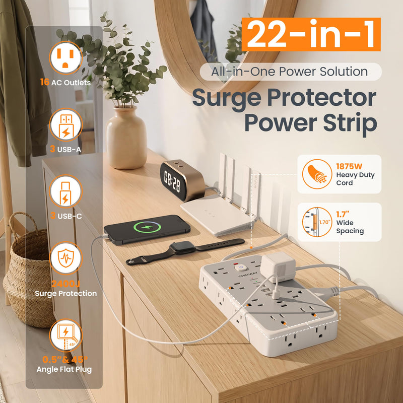 6 FT Surge Protector Power Strip with 6 USB, 16 Outlets, 2400J | 3 USB-A & 3 USB-C Ports, 1.7" Wide-Spaced Outlets, 1875W/15A, Flat Plug, 4-Sided Design for Home, Office, Dorm & Gaming White / Gray 6 FT