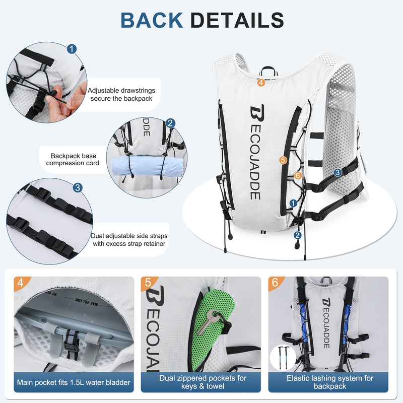 Running Vest Hydration Backpack for Men Women, 5L Lightweight Running Backpack Hydration Pack for Marathon, Trail, Cycling, Hiking, Jogging White Only Running Vest