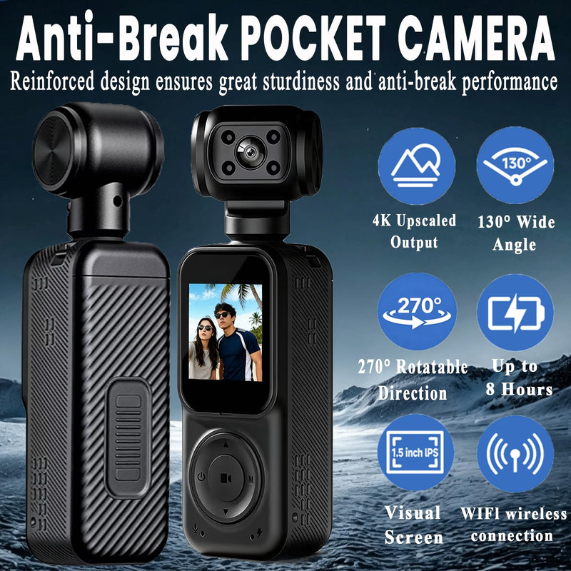 Pocket Camera 4K Output, WiFi Body Cameras with Audio and Video Recording, Dual Light&7 Hour Battery (Deep Black) Deep Black