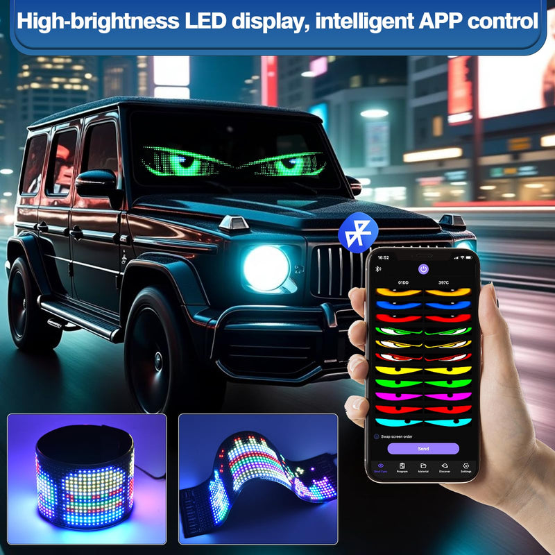 2Pcs Devil Eyes Light for Cars | LED Eyes for Truck Windshield | Flexible Scrolling Programmable LED Sign | Can Edit Text/Graffiti/Animations 15"x 4"/2Pcs