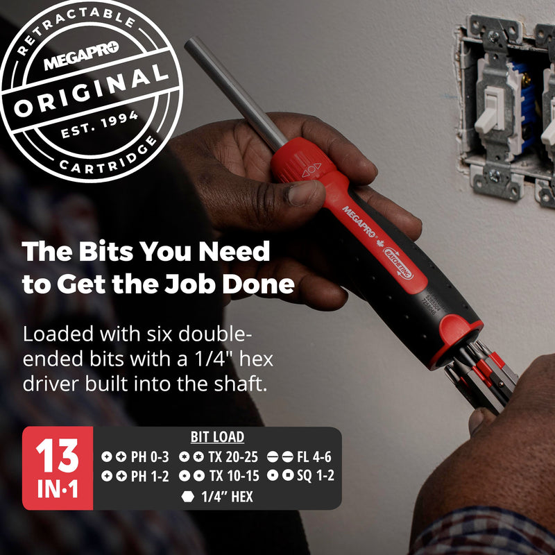 MEGAPRO® Original Ratcheting Multi-Bit Screwdriver with ¼” Hex Shaft | Phillips, Torx, Flat, Square | Trades Screwdriver
