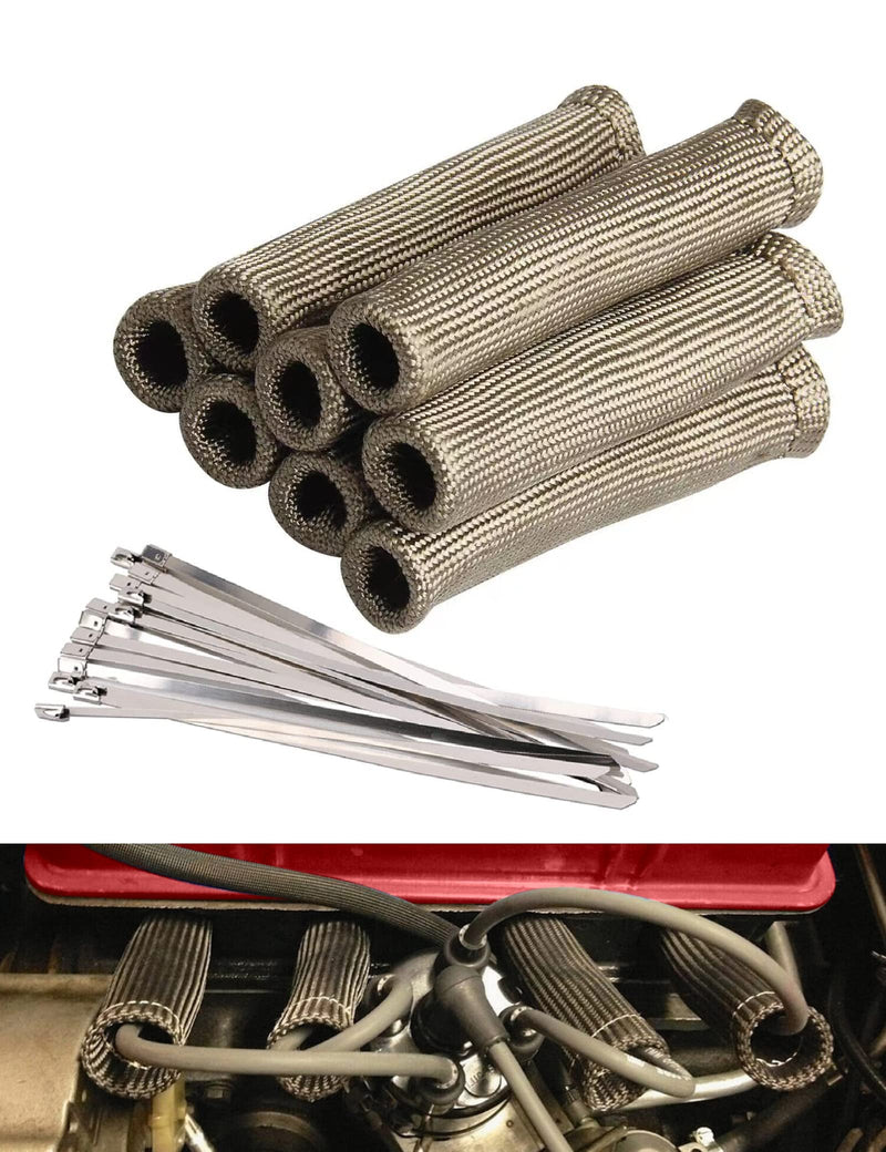 Spark Plug Wire Heat Shield Spark Plug Wire Boots Heat Shield Protector Sleeve 2500 Degree Spark Plug Heat Cover Wrap 6 Inch for SBC BBC 350 454 8PCS with 16pcs Stainless Steel Wire Ties (Titanium) Titanium