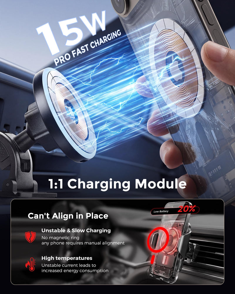 2-in-1 15W Magsafe Car Mount Charger, Magnetic Wireless Car Charger | 360° Dashboard & Air Vent Phone Mount, Phone Holders for Your Car, Car Accessories for Men Women for iPhone 17-12
