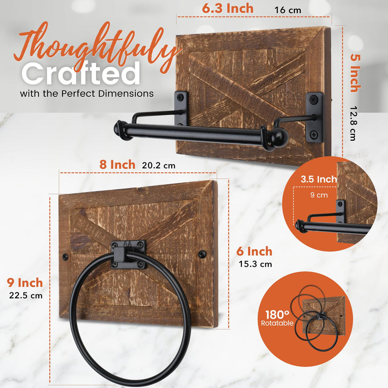 Autumn Alley Rustic Farmhouse Toilet Paper Holder and Towel Ring, Wall Mount, 2 Set - Country Western Decor Wall Toilet Paper Holder and Bathroom Hand Towel Holder Decor, Wooden