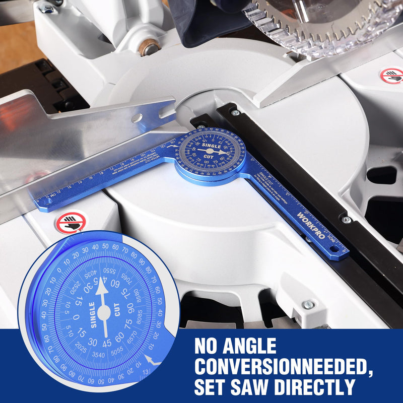 WORKPRO Aluminum Miter Saw Protractor, 7.3 Inch Angle Finder Featuring Precision Laser Engraved Scales for Inside and Outside Corner, Carpenters, Plumbers and All Building Trades, 360° Rotation, Blue