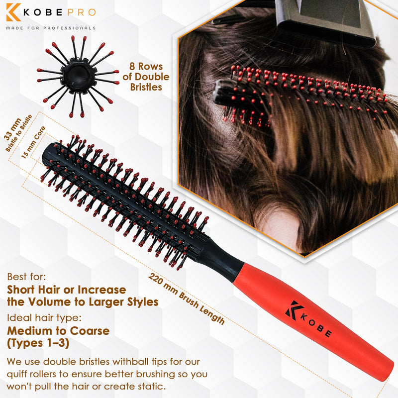 Kobe Professional Small Round Hair Brush and Quiff Roller for Men | 15mm 8-Row Double Bristles | Comfort Ball-Tipped Pins, Non-Slip Rubber Grip, Anti-Static Volumising Styling Tool Barber Supplies Red