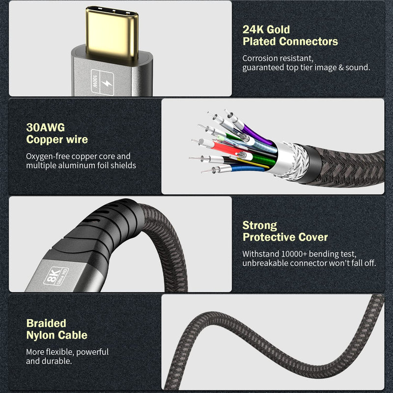 USB C Thunderbolt 4 Extension Cable, 40Gbps Transfer / 8K Display / 100W Charging Compatible with Thunderbolt 4/3, USB4/3, Type C, for Mac MacBook Pro, External SSD eGPU Extender m/f 2.6 ft Extension Cable 2.6ft Male to Female