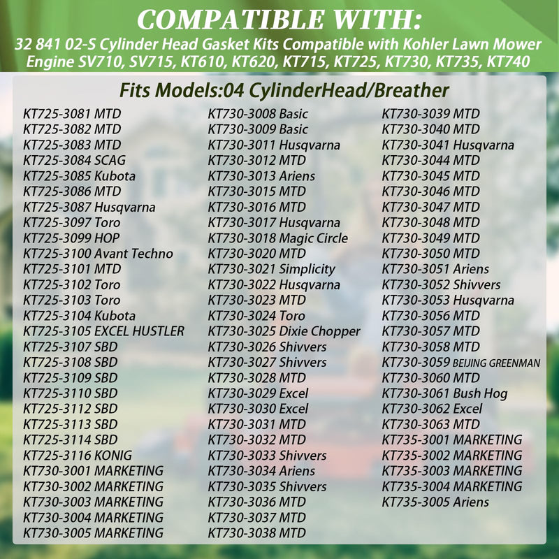 2 Set of Cylinder Head Replaces Gasket Kits 32 841 02-S Fit for Kohler Lawn Mower Engine SV710, SV715, KT610, KT620, KT715, KT725, KT730, KT735, KT740 2