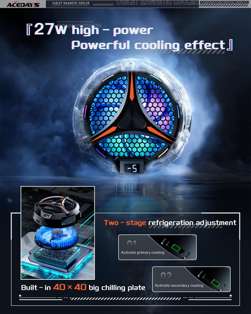 ACEDAYS iPad Cooler,Magnetic Tablet Cooler for ipad/Surface pro/Samsung Tab,Compatible for Steam Deck,Universal Radiator with Temperature Display for Mobile Gaming,Tiktok Live Streaming Black/Red