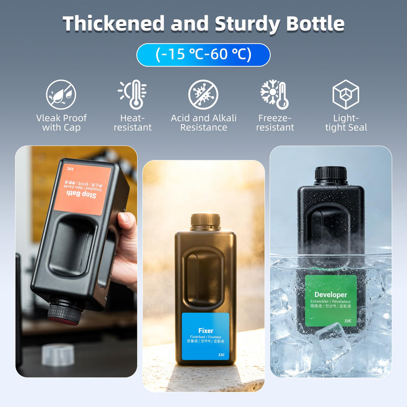 JJC Square HDPE 1000ml Darkroom Chemical Storage Bottles x3 With Handle, Photographic Plastic Containers with 40ml Measuring Cups for Film Photo Developer Fixer Stop Bath