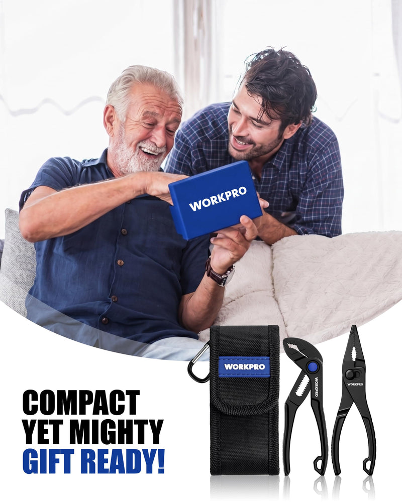 WORKPRO 2-Piece Mini Pliers Set with Pouch, 4-Inch Water Pump Plier & 4.5-Inch Long Nose Slip Joint Plier, Heavy-Duty Alloy Steel Mini Adjustable Plier, EDC Pliers for Tight Spaces & Versatile Use Black 2PCS-Long Nose & Water Pump Pliers