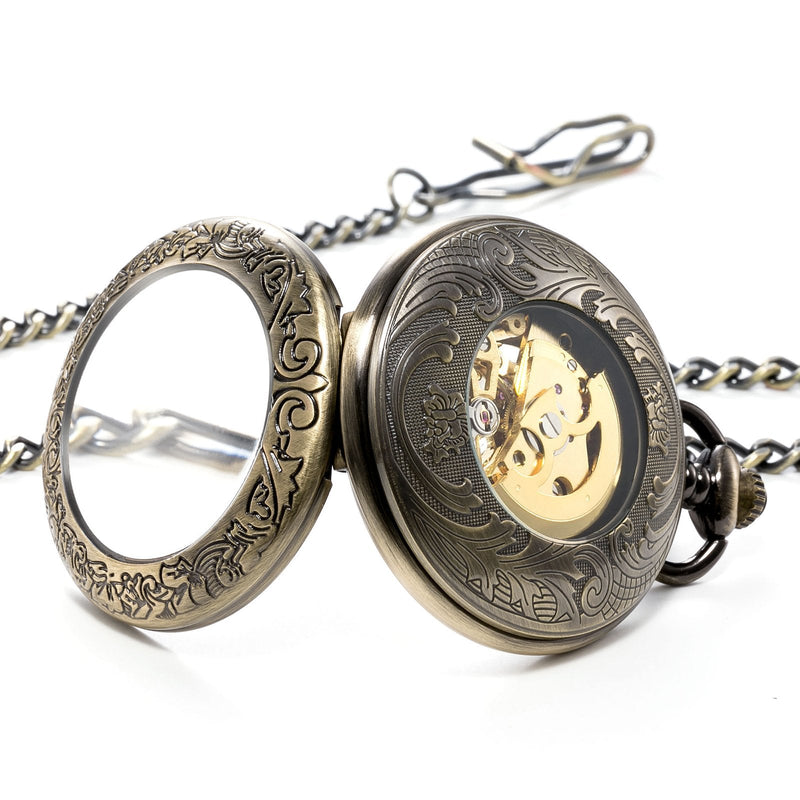 Automatic Mechanical Pocket Watch Magnifier Case Steampunk Skeleton Roman Numerals Dial for Men Women Bronze