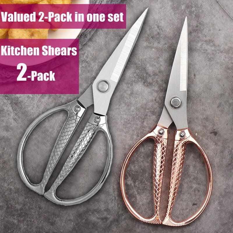 Kitchen Shears 2 Pack, Heavy Duty Poultry Shears, Dishwasher Safe, All Purpose Stainless Steel Utility Scissors for Kitchen, Chicken, Fish, Herbs, Turkey Silver+rose Gold
