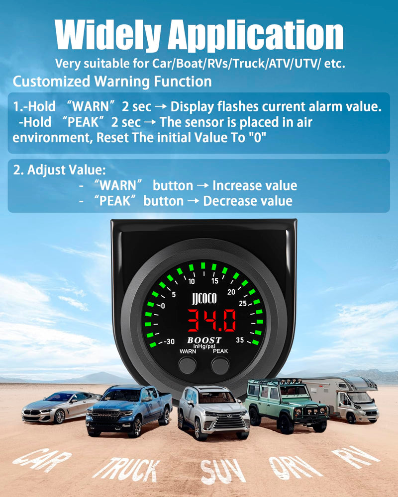 35PSI Turbo Boost/Vacuum Gauge LED Digital Display Kit with 1/8NPT Electronic Pressure Sensor & Mounting Bracket for Car&Truck ATV 2-1/16" 52mm