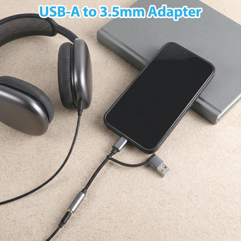 Trinkrittey 2-in-1 USB-C 3.5mm Audio Adapter with Type-A Converter | USB C to 3.5mm Female Headphone Jack Adapter 1/8" AUX Cable Dongle Compatible with Phone 17Pro and More USB C Audio Devices