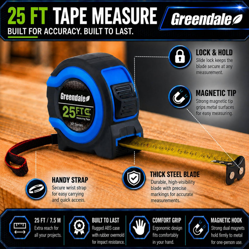 Greendale – 3 Pack Tape Measures 25 ft – Easy-Read Fractions, Magnetic Tip, Quick-Lock & Auto-Retract – Heavy-Duty Measuring Tape with Belt Clip – Blue 25ft