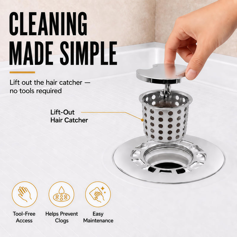 No-Caulk 2 Inch Shower Drain Kit with Lift-Out Hair Catcher for Shower Pan, Round Shower Floor Drain with 4-1/4" 304 Stainless Steel Grid Strainer Cover, for Bathroom
