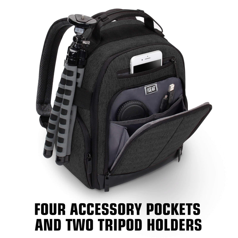 USA Gear Portable Camera Backpack for DSLR with Customizable Accessory Dividers, Weather Resistant Bottom and Comfortable Back Support - Compatible with Canon, Nikon, Sony, Fujifilm, and More (Black) Compact Black