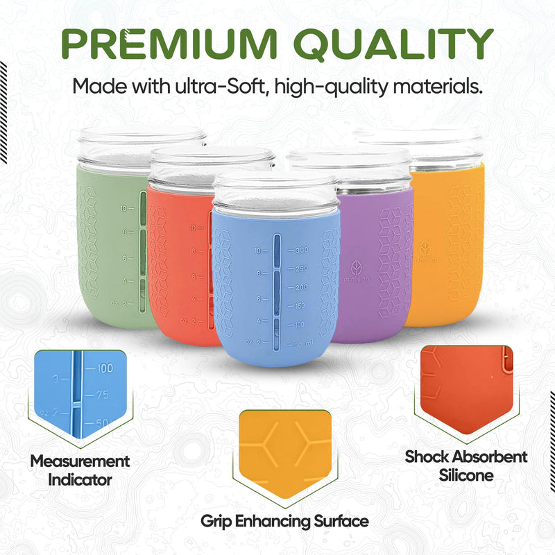 Silicone Mason Jar Sleeves Spring Summer Set | Anti-Slip Protectors for Wide Mouth 16oz Jelly Canning Jars | Cup Holders with Measurement Markings | Dishwasher Safe Jar Jackets - 5 Pack 5, Wide M, Spring Summer