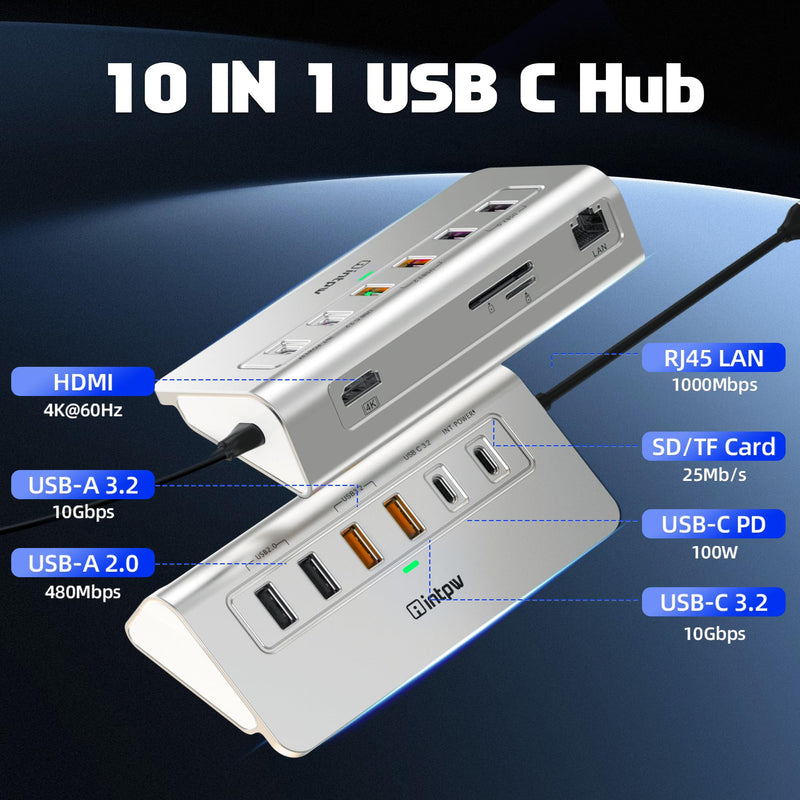 P9R PRO USB C Hub Ethernet, 10Gbps USB C Docking Station 10-in-1 with Type-C & 2 Type-A 3.2 Data, LAN, 4K@60Hz, 2 USB A 2.0, PD 100W, SD/TF Ports, 3.28FT Powered USB Hub for PC, iPhone 17, Mac Silver